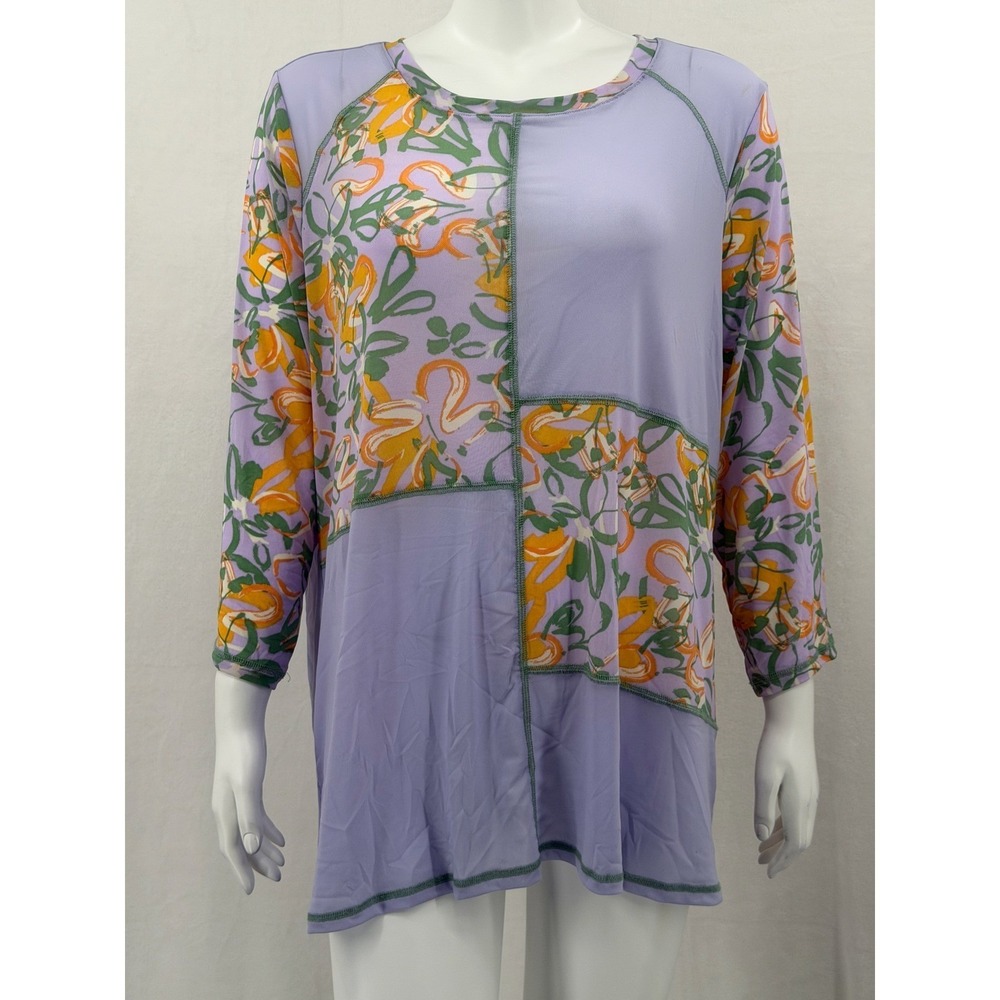 LOGO Lori Goldstein Layers Top Womens 1X Purple Patchwork Floral Sheer Spring